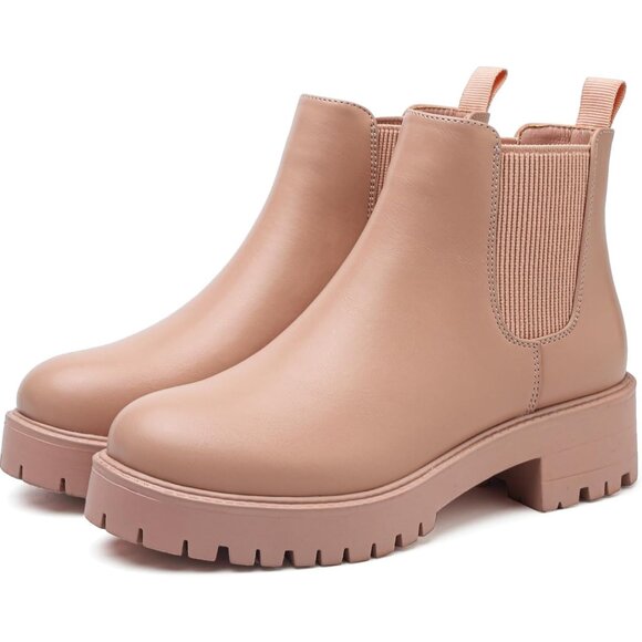 Girls Pink Pull-On Fall Chelsea Boots Water-Resistant PU Ankle Heel Boots - Picture 3 of 7